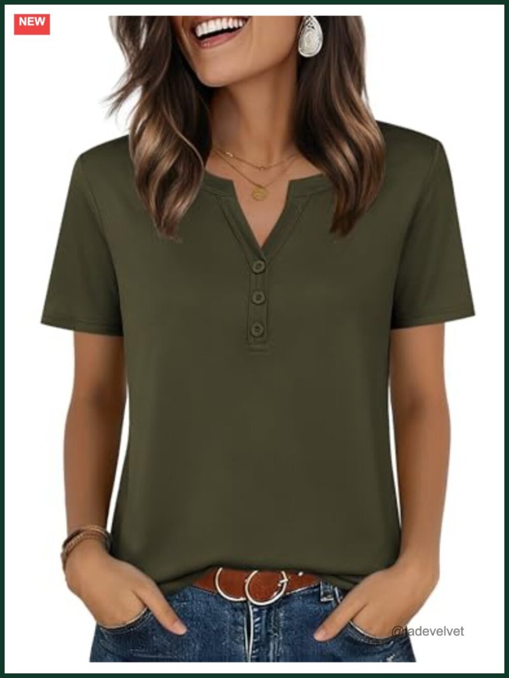 Women's V Neck Short Sleeve Blouse Soft Henley Button Detail Versatile Casual